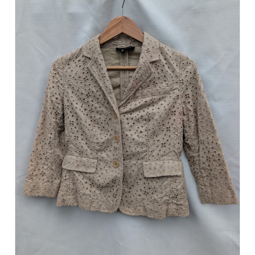 Talbots Petites Eyelet Blazer Womens 8P Beige Cotton Lace 3 Button Jacket